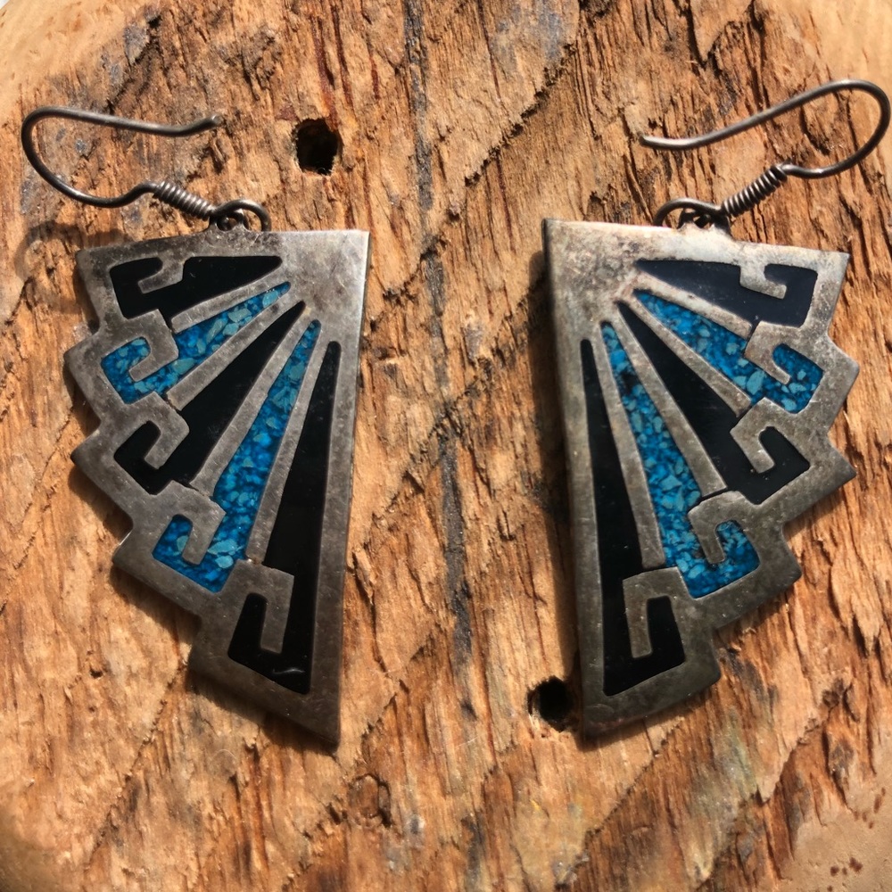 Vntg Mexico Crushed Turquois Boho Native American “Wings” Earrings